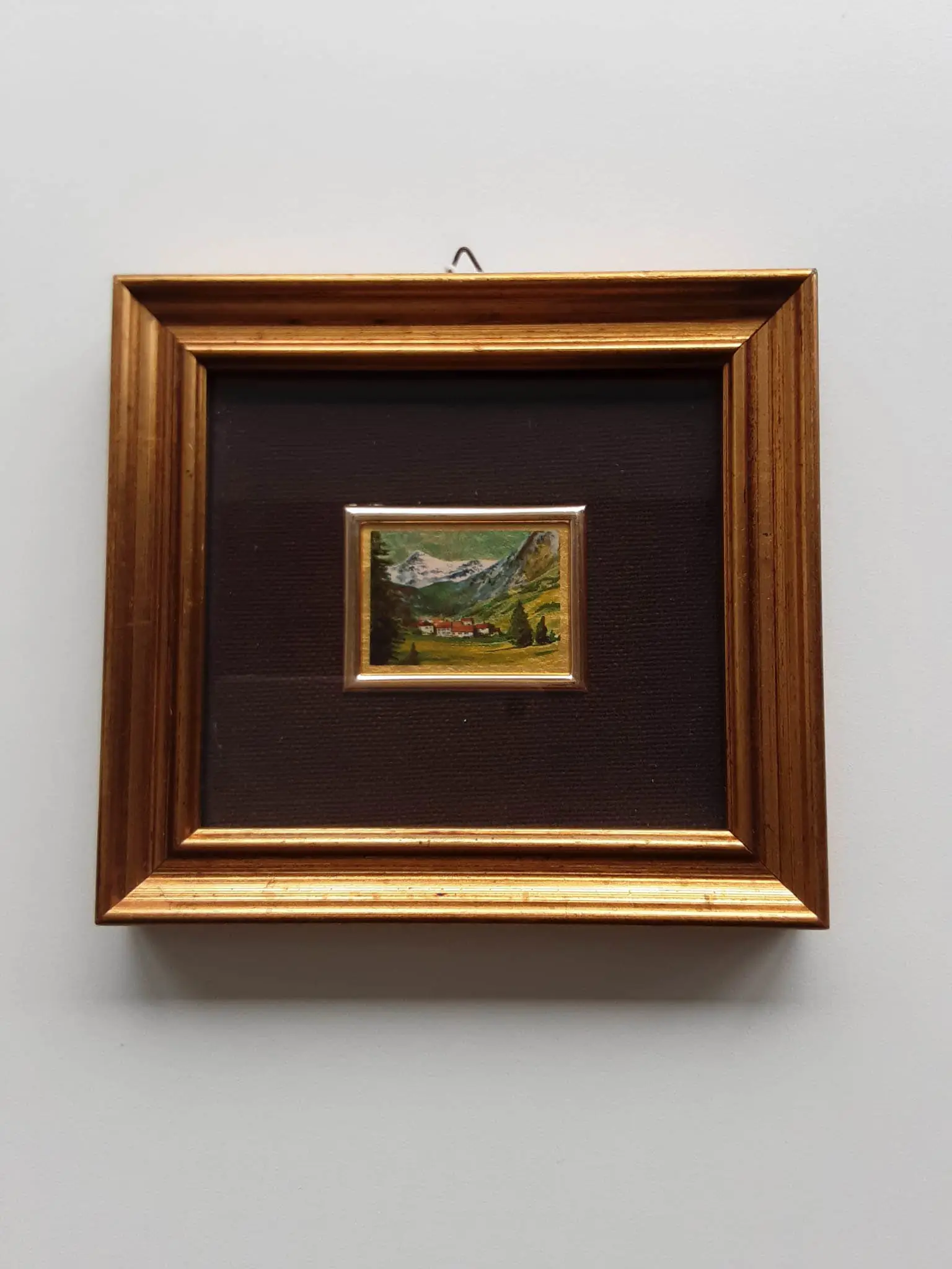 Dipinto foglai d'oro - paesaggio montano con case -1